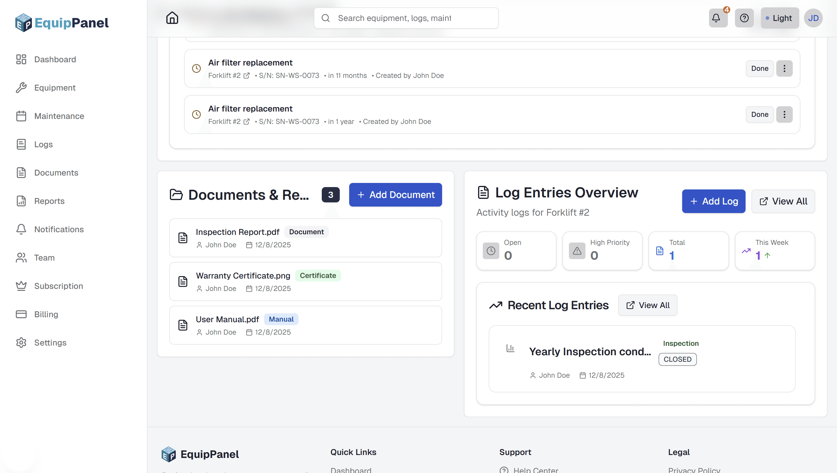 Equipment detail page showing documents section with list of uploaded documents, file type icons, document names, file sizes, upload dates, Add Document button, download icons, and storage quota indicator