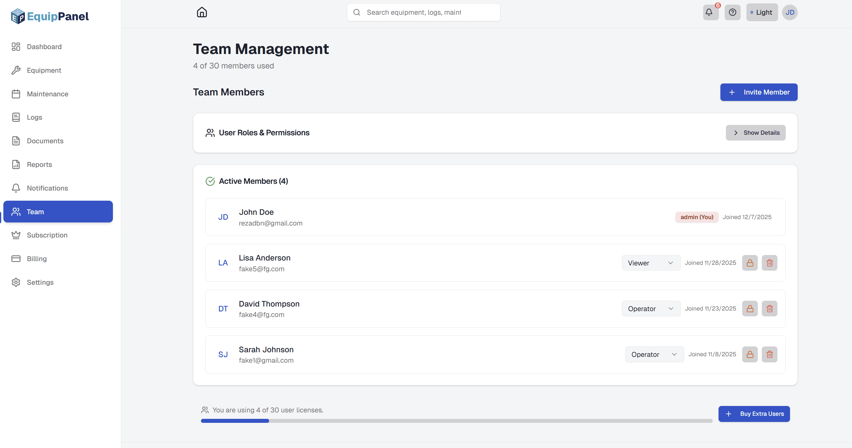 Team management page showing Invite Team Member button, list of team members with name, email, role badges, status, last login, and action buttons