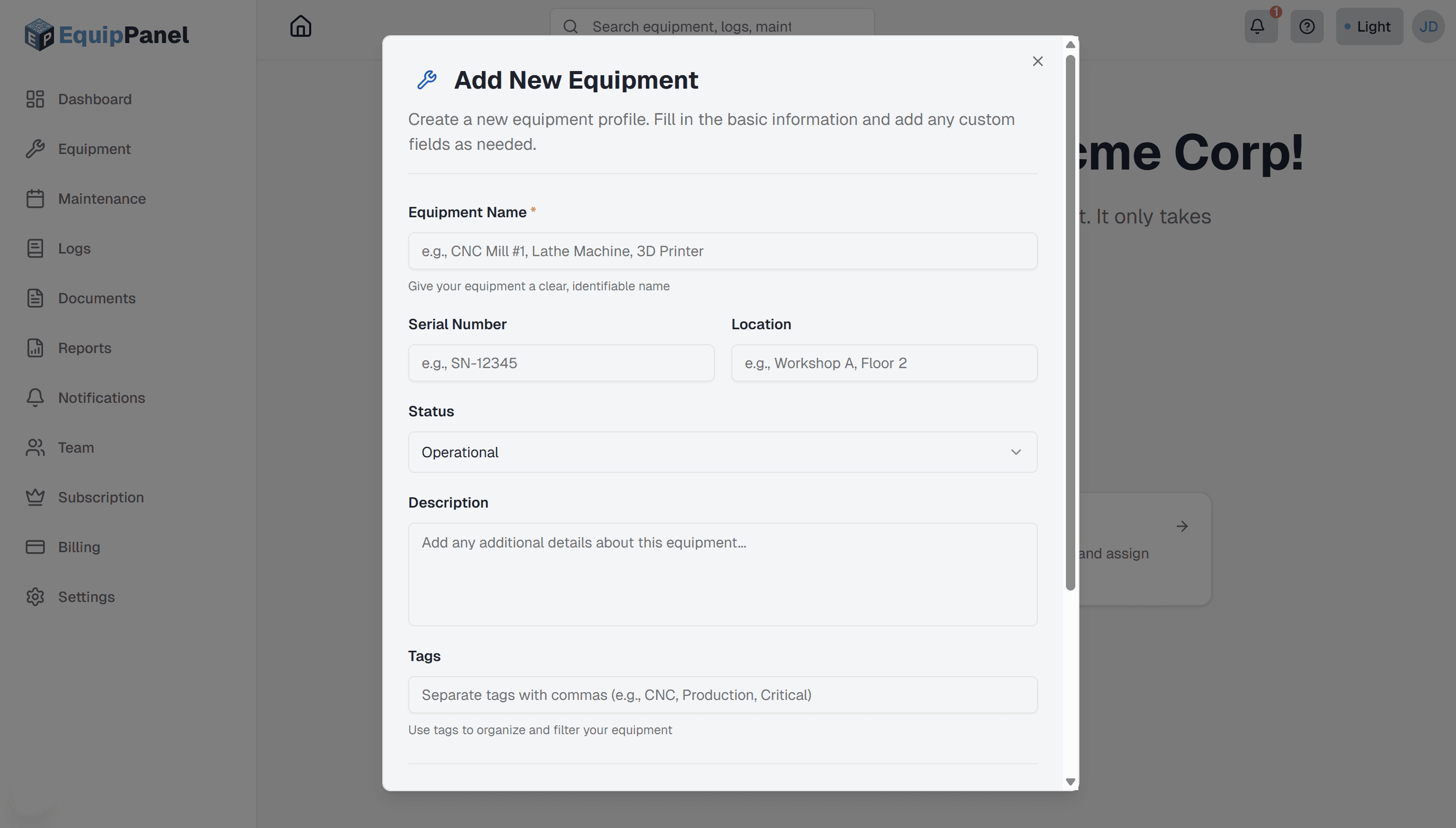 Add Equipment modal/form showing equipment name field, serial number, location dropdown, status selector, tags input, custom fields section, and photo upload button