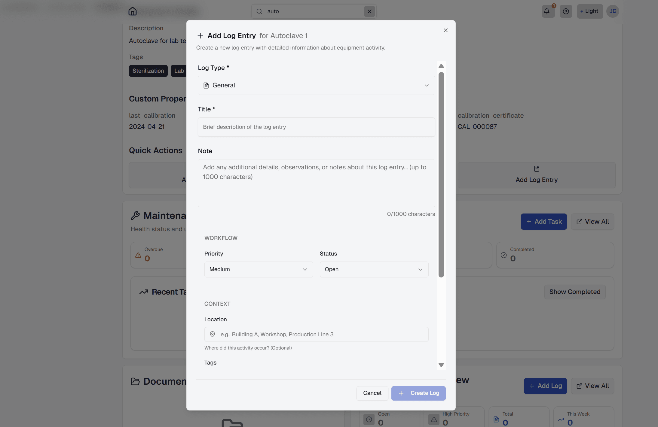 Log entry form/modal showing title field, notes textarea, log type selector, priority selector, status selector, attachment upload area, date/time stamp, and Save button