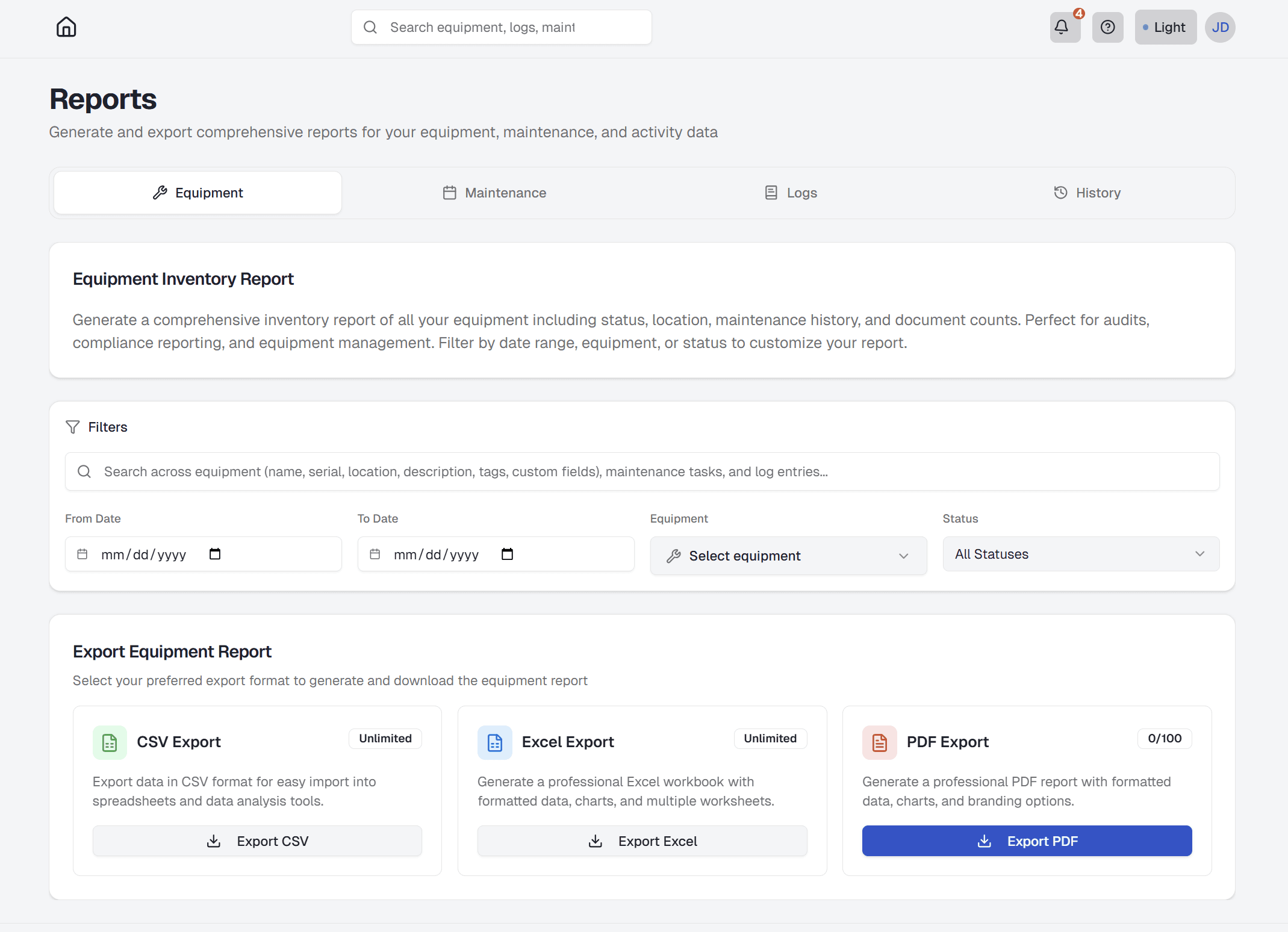 Reports page showing report type selector, date range picker, filter options, field customization panel, template selector, export format buttons, and Generate Report button