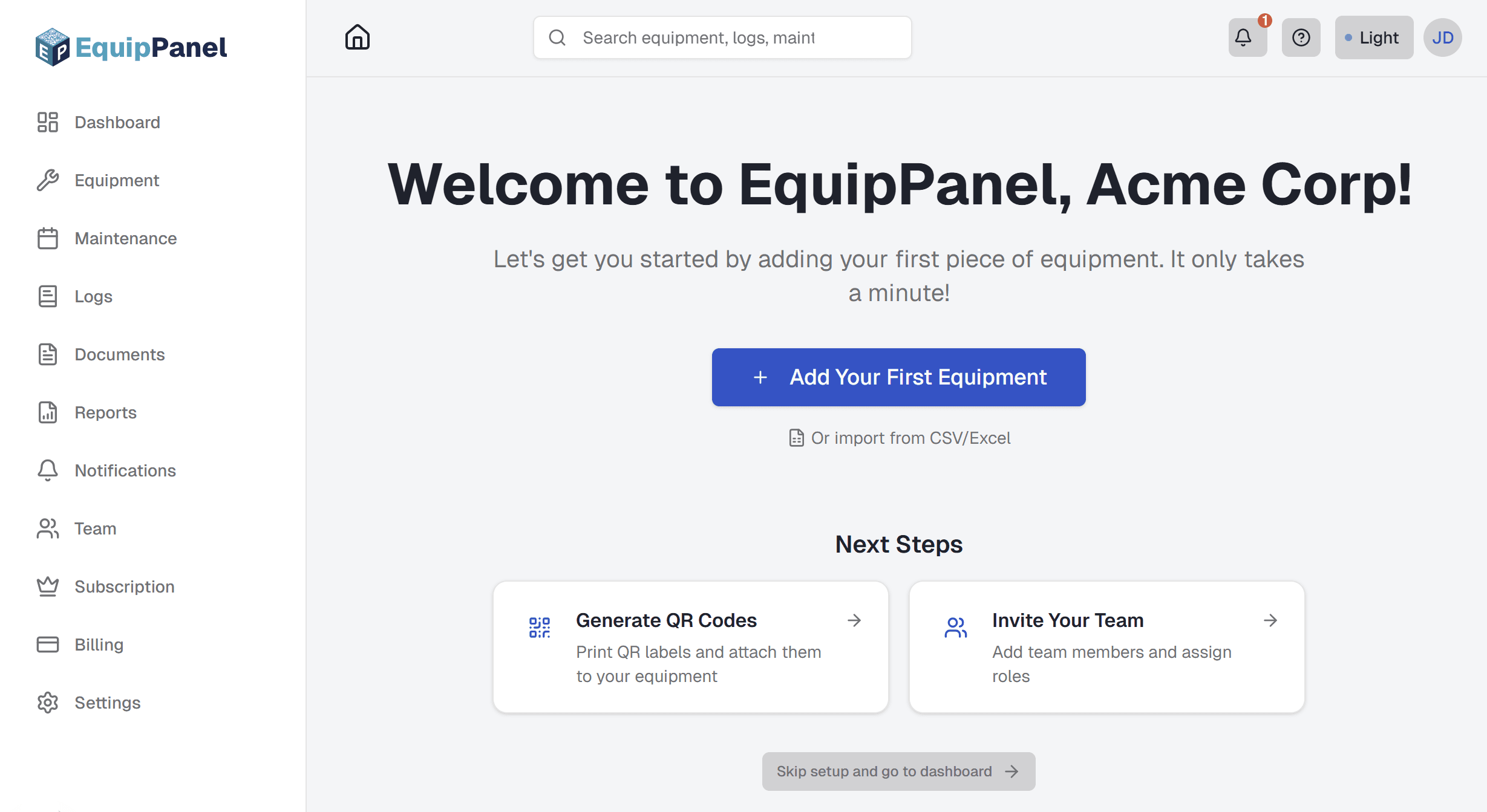 Welcome wizard showing welcome message, options to add equipment or bulk import, quota information display, and next steps suggestions