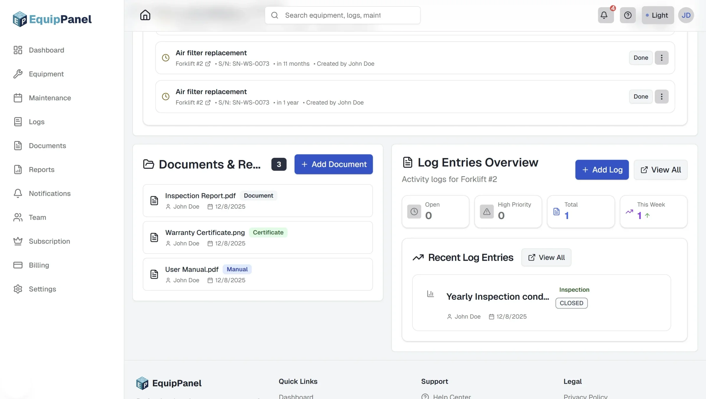 Equipment detail page showing documents section with list of uploaded documents, file type icons, document names, file sizes, upload dates, Add Document button, download icons, and storage quota indicator