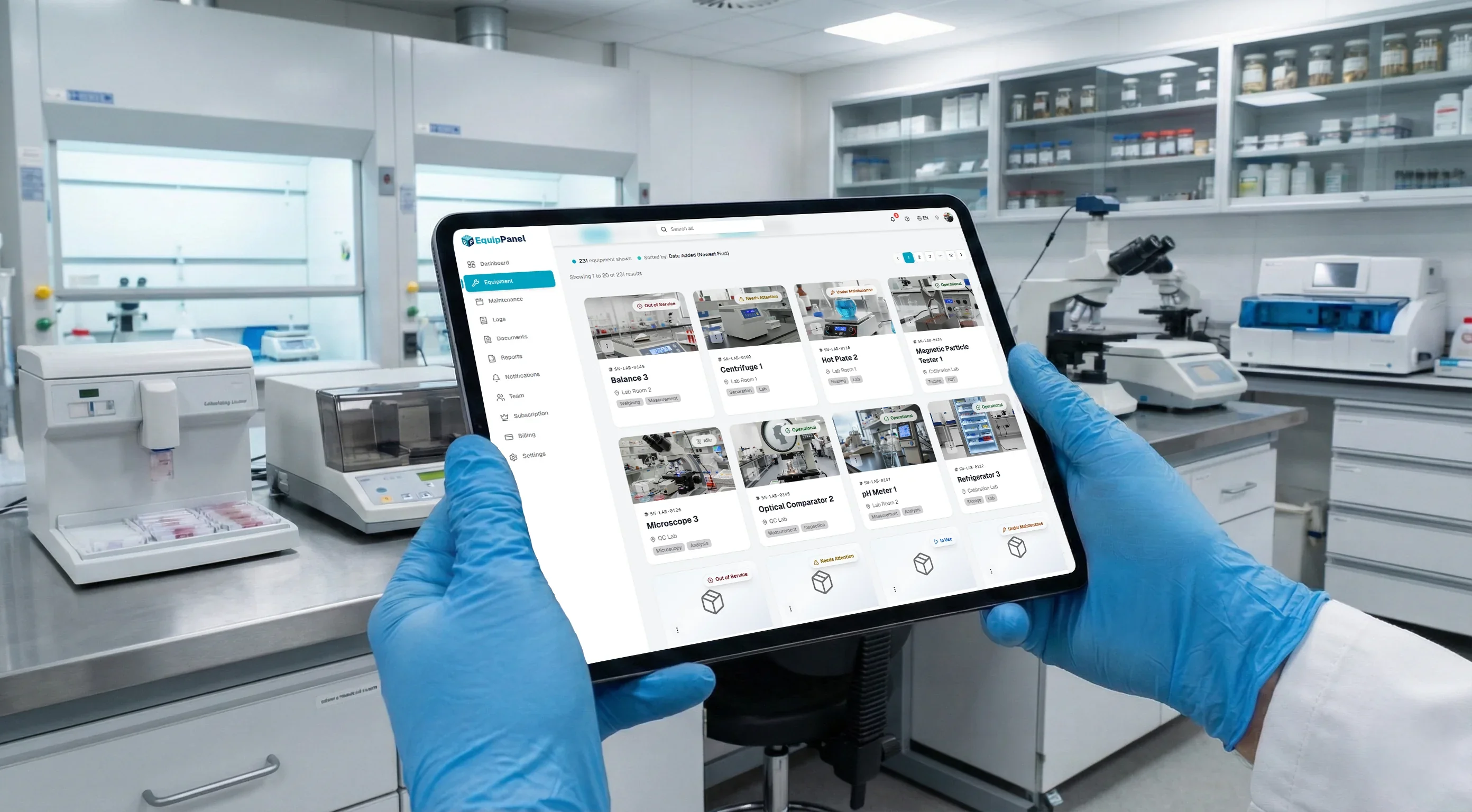 Person in lab coat using EquipPanel on tablet in modern laboratory setting