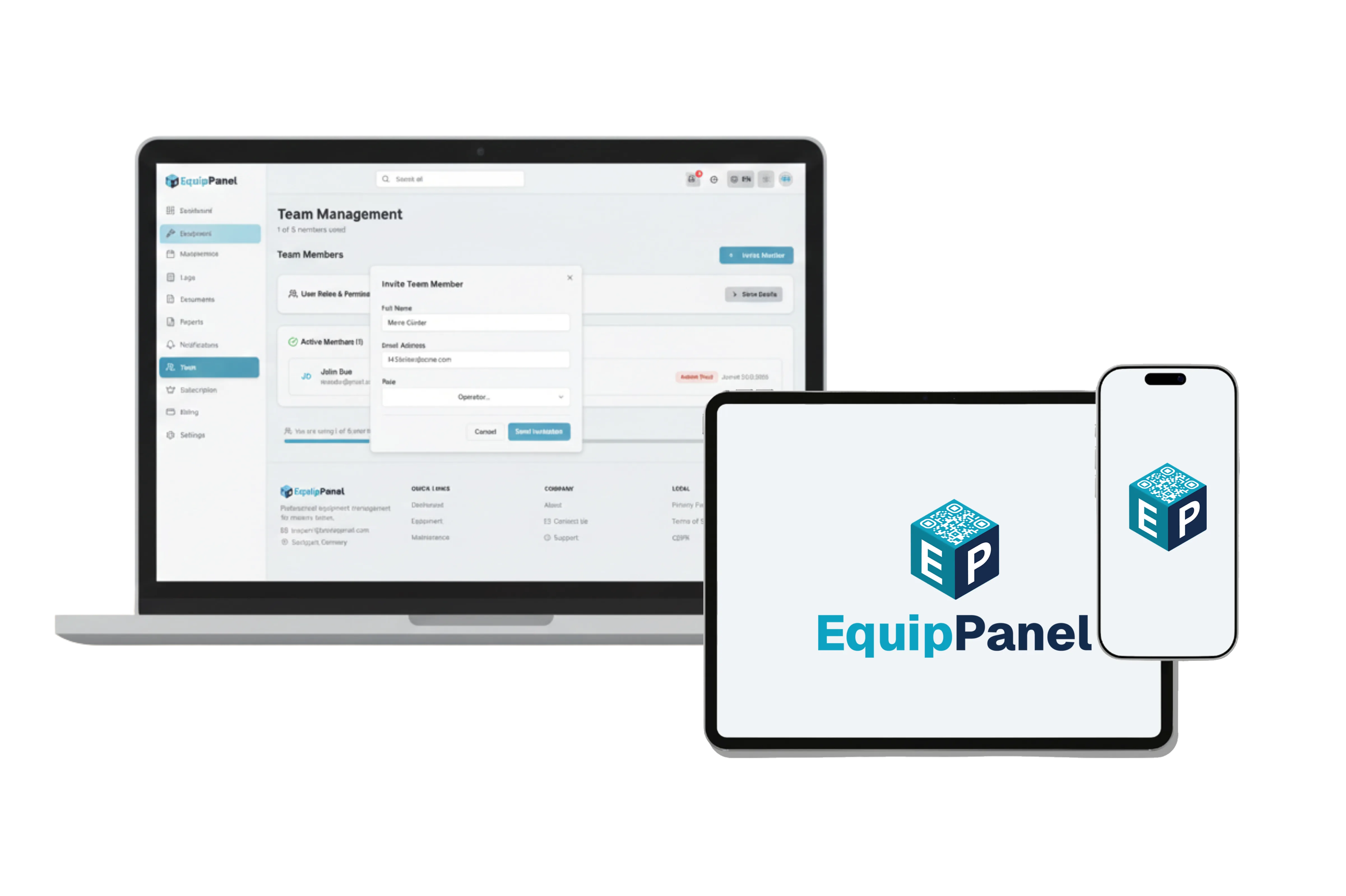 Laptop, tablet, and smartphone showing EquipPanel equipment access across devices