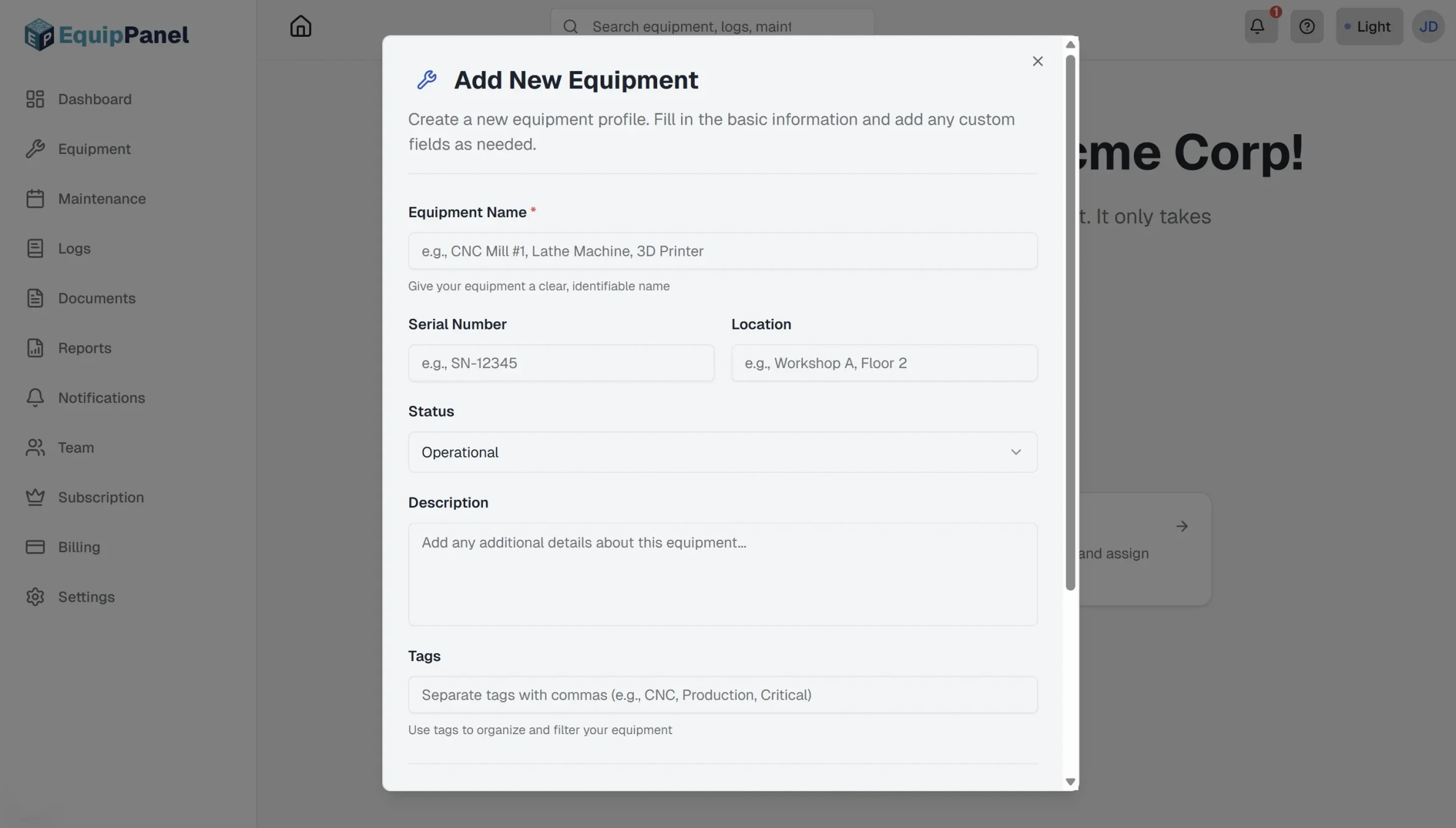 EquipPanel dashboard showing the 'Add Equipment' form with equipment name field, serial number field, location dropdown, custom fields section, and document upload area