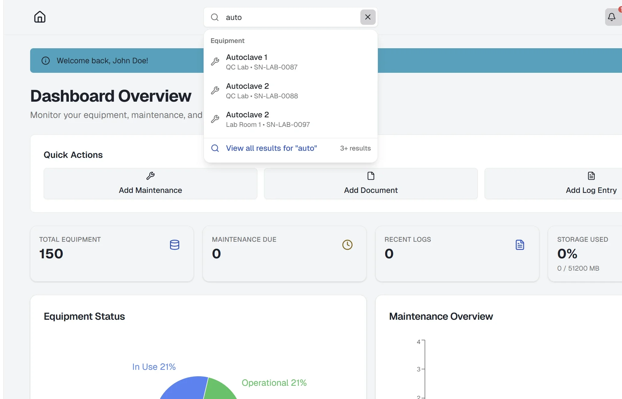 Global search dropdown/overlay showing search input field, search results grouped by category (Equipment, Maintenance, Logs, Documents, Team) with category headers, keyboard shortcut hint, and View all results link