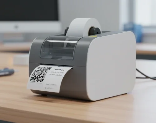 Photo showing multiple QR code labels being printed or already printed. Shows QR codes on durable labels/stickers, batch printing setup, or labels being applied to equipment in a real-world workshop environment