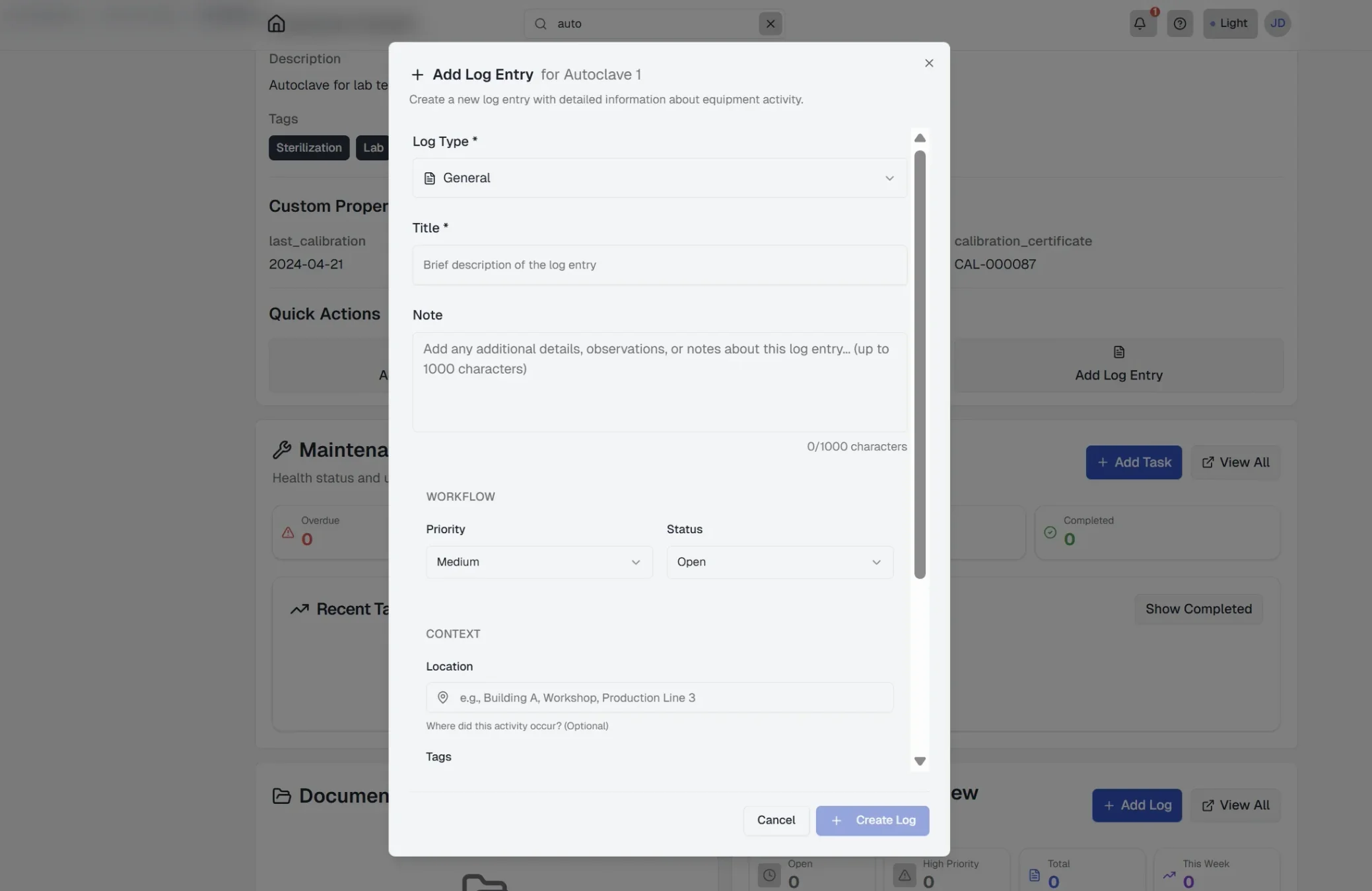 Log entry form/modal showing title field, notes textarea, log type selector, priority selector, status selector, attachment upload area, date/time stamp, and Save button