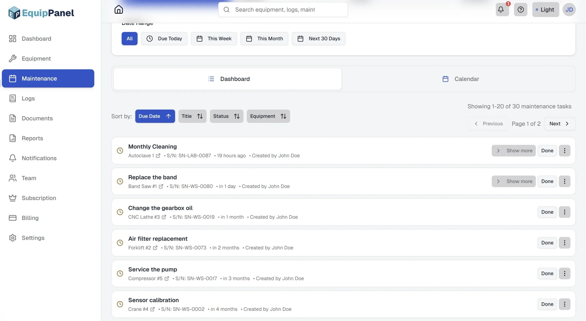 Maintenance & Inspections dashboard overview with schedule list, type badges, due dates, status indicators, and All / Maintenance / Inspections filters