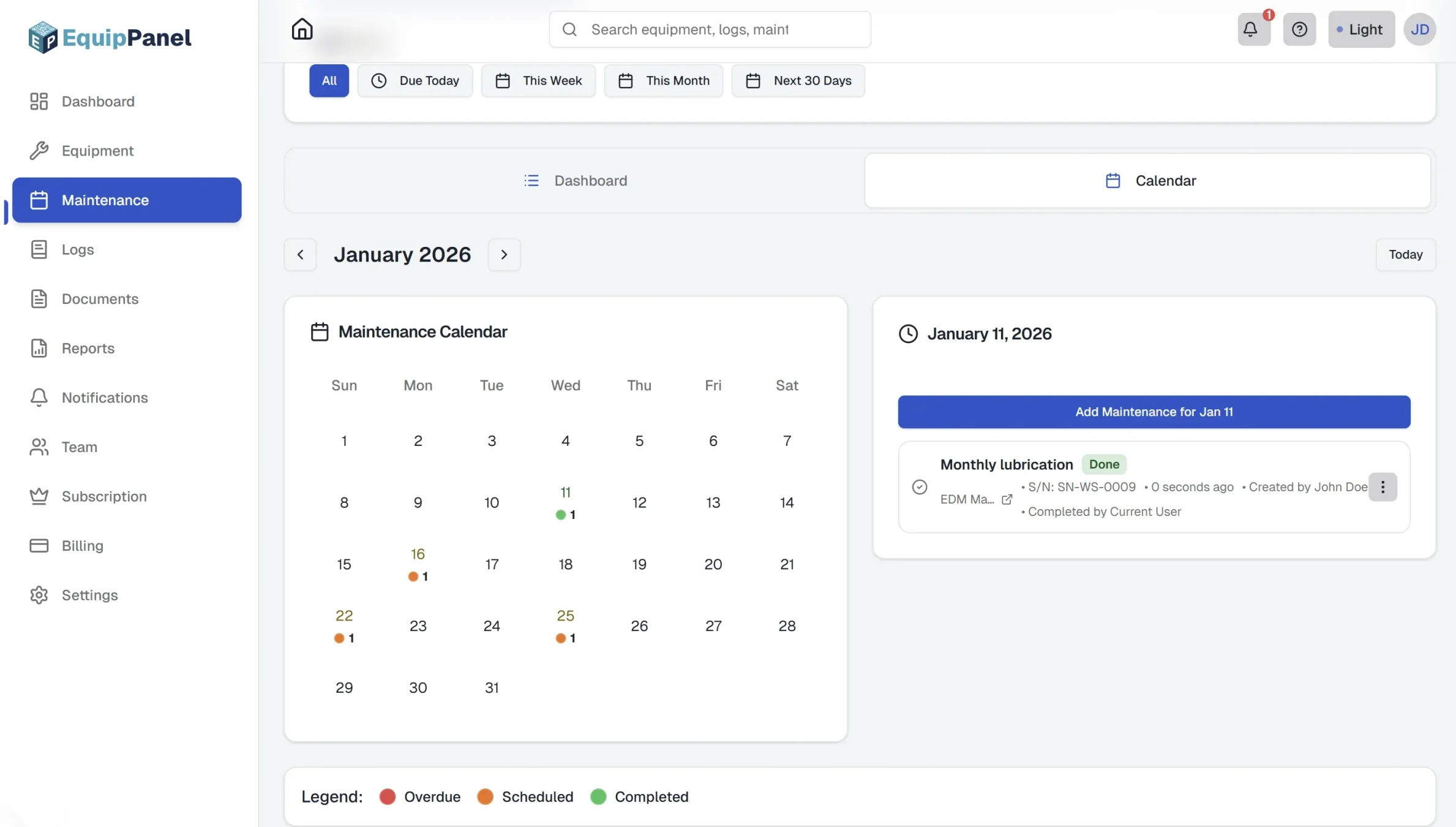 Maintenance & Inspections calendar tab with color-coded due dates and occurrence details