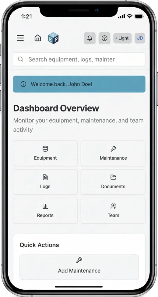 EquipPanel mobile interface showing equipment profile view with clean, simple design optimized for touch interaction