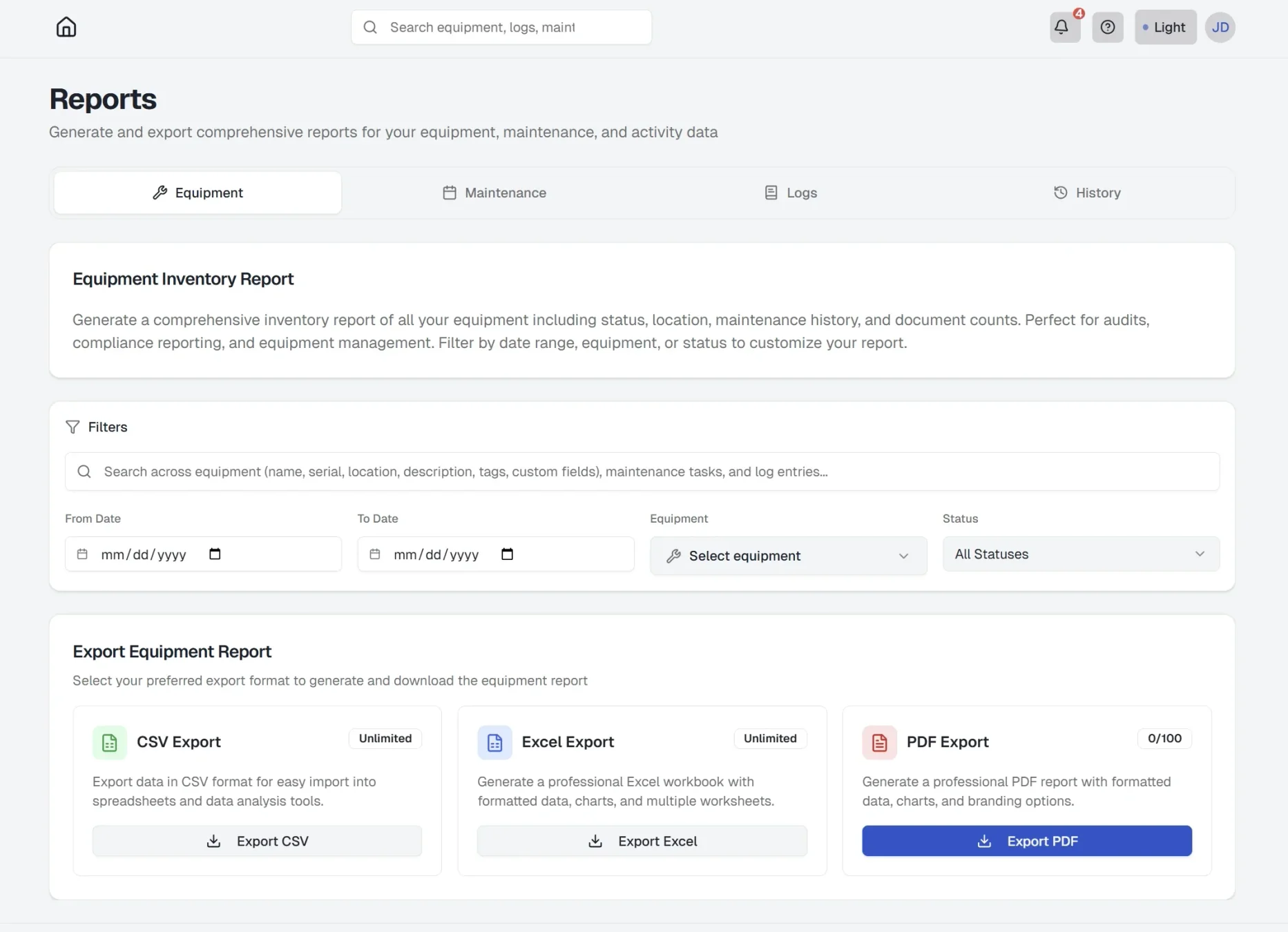 Reports page showing tabs for Equipment, Maintenance & Inspections, and Logbooks, with date range, task type filter, export format buttons, and Generate Report
