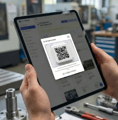 Mobile phone or tablet screenshot showing the equipment profile view after scanning QR code. Displays equipment name at top, maintenance schedule section, recent logs list, and documents/files section with mobile-first design